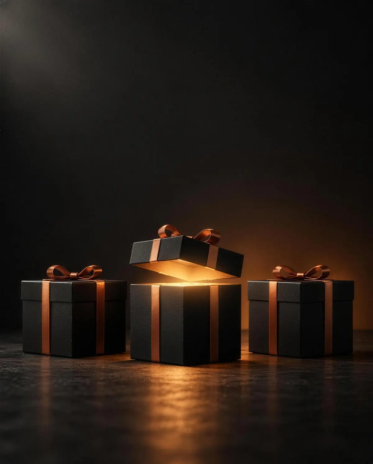 Drei schwarze Geschenkboxen mit Kupferschleife, aus der mittleren dringt warmes Licht
